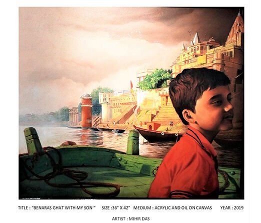 BENARAS GHAT WITH MY SON Regional Painting Mix Media Canvas 42×36