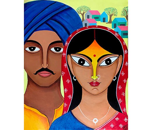 Indian Couple Abstract, Modern Art, Figurative Painting Acrylic Canvas 20 x 16