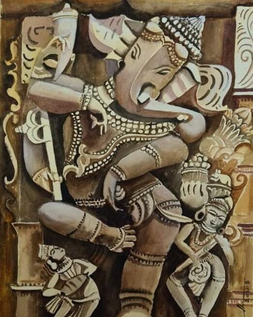 Title.. the dancing ganesha-Size.-A3-Watercolors on indian handmade paper