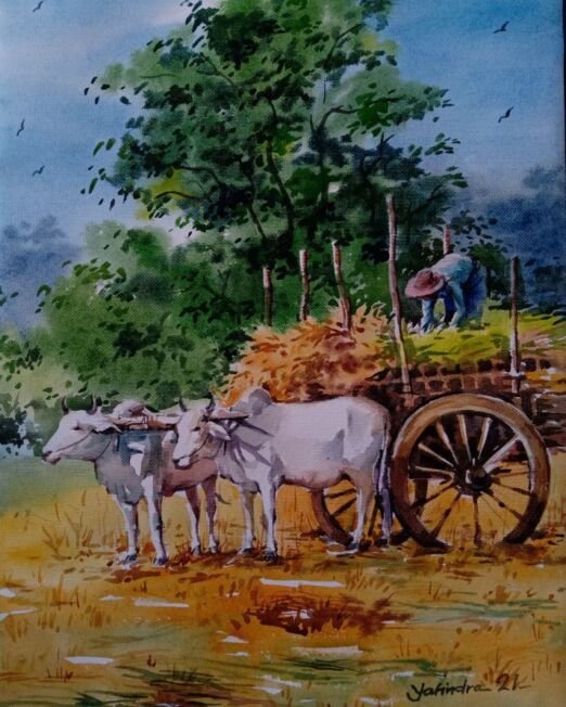 With bullock cart-Landscape-Watercolour-Handmade Paper-16 X 12 inch