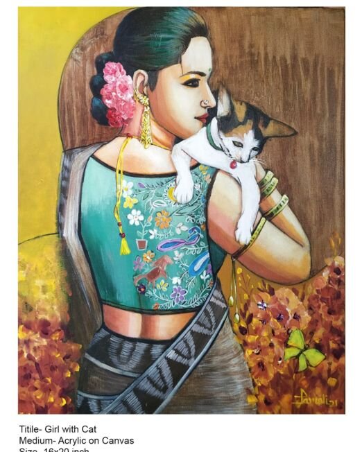 Titile- Girl with Cat Medium- Acrylic on Canvas Size- 16x20 inch