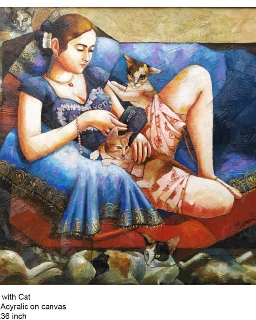 Title- Girl with Cat Medium- Acyralic on canvas Size- 30x36 inch